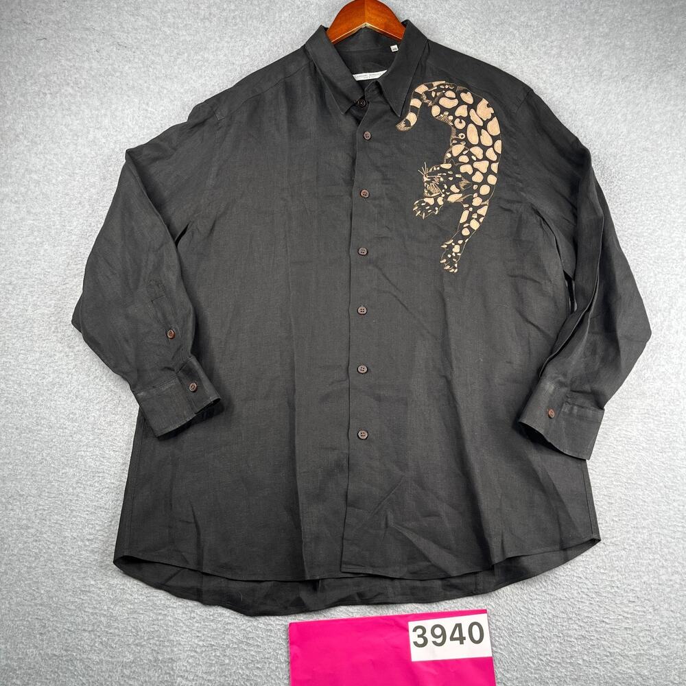 Luciano Moresco Linen Shirt Leopard Black Button Up Long Sleeve 2XL Italy